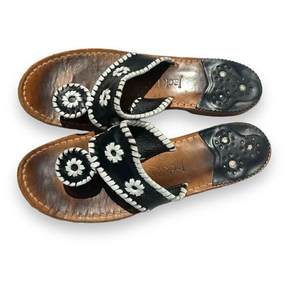 Jack Rogers Classic Whip-Stitch Palm Beach Leather Thong Sandal Black & White 8M - Picture 3 of 6